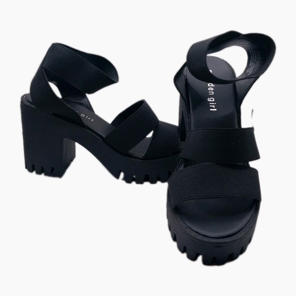 Women's Size 7M Black Sandal Madden Girl Platform Chunky Heel Seer Elastic Strap